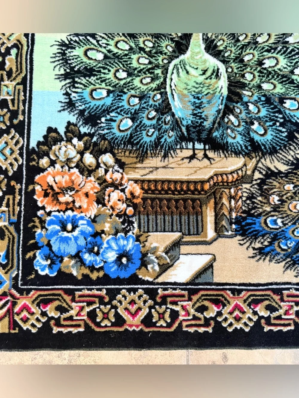 Vintage 1970 Circa Velvet Peacock Wall Tapestry Rug - 64